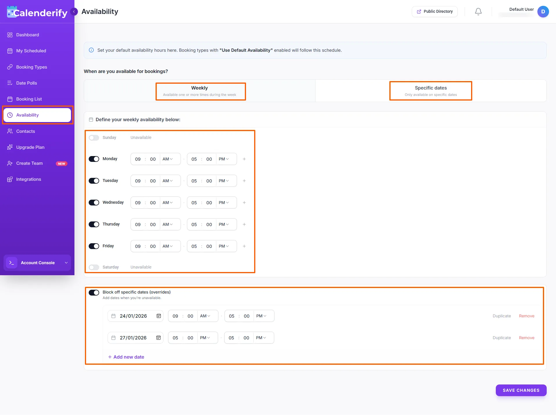 Set availability time slots