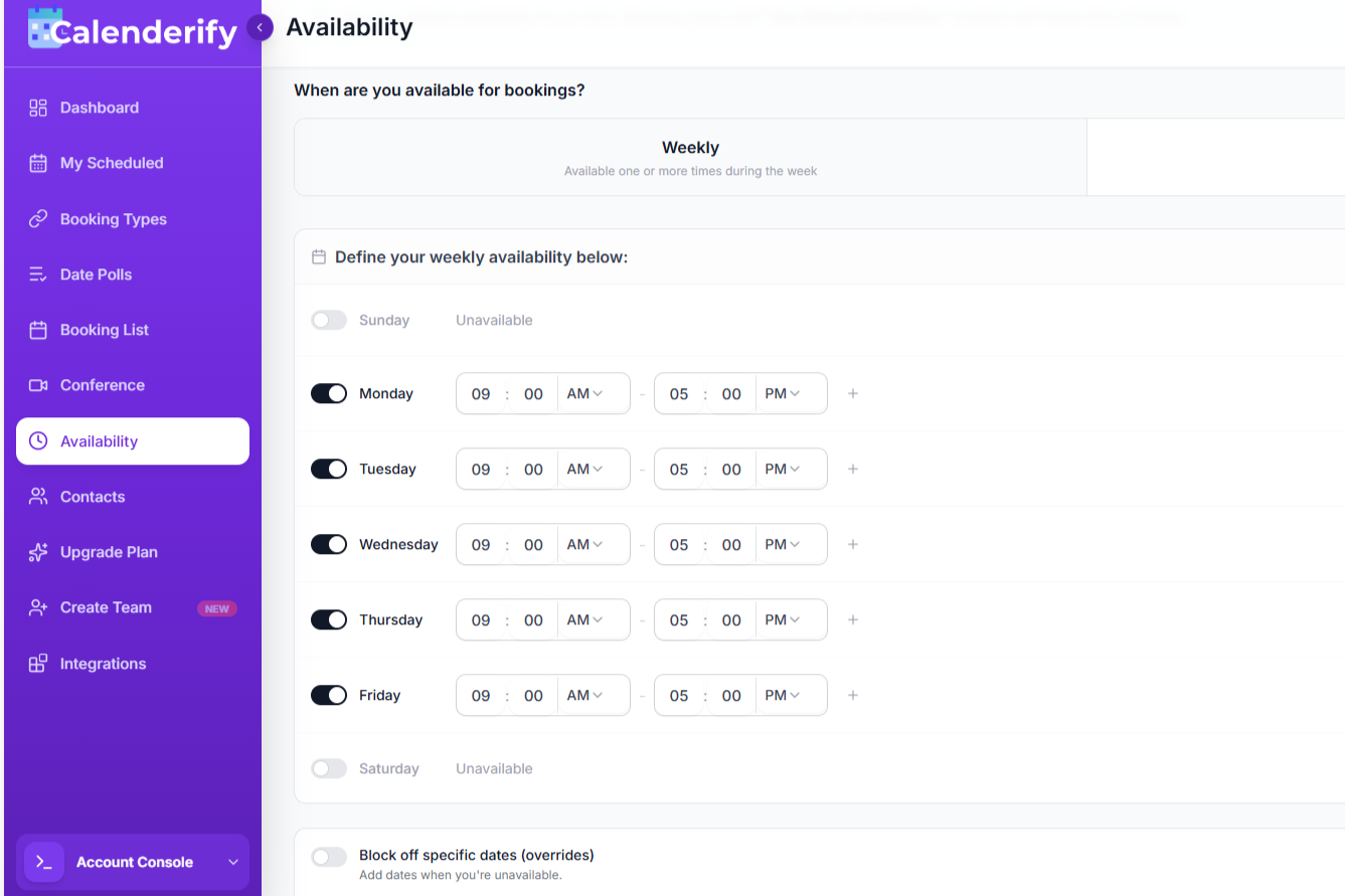 Calenderify Availability Settings