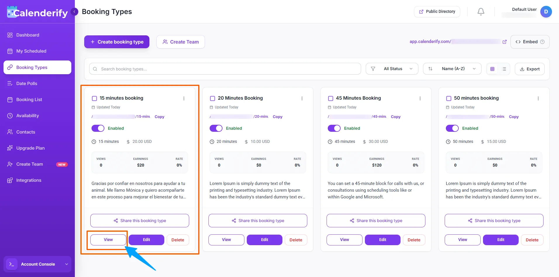 Customize booking type page
