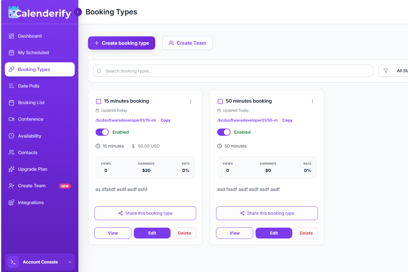 Calenderify Booking Dashboard