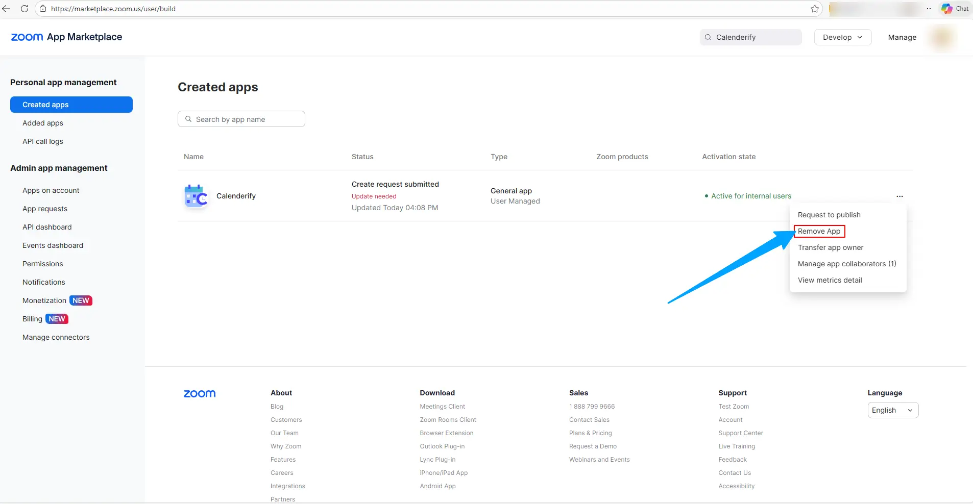 Remove Calenderify from Zoom account
