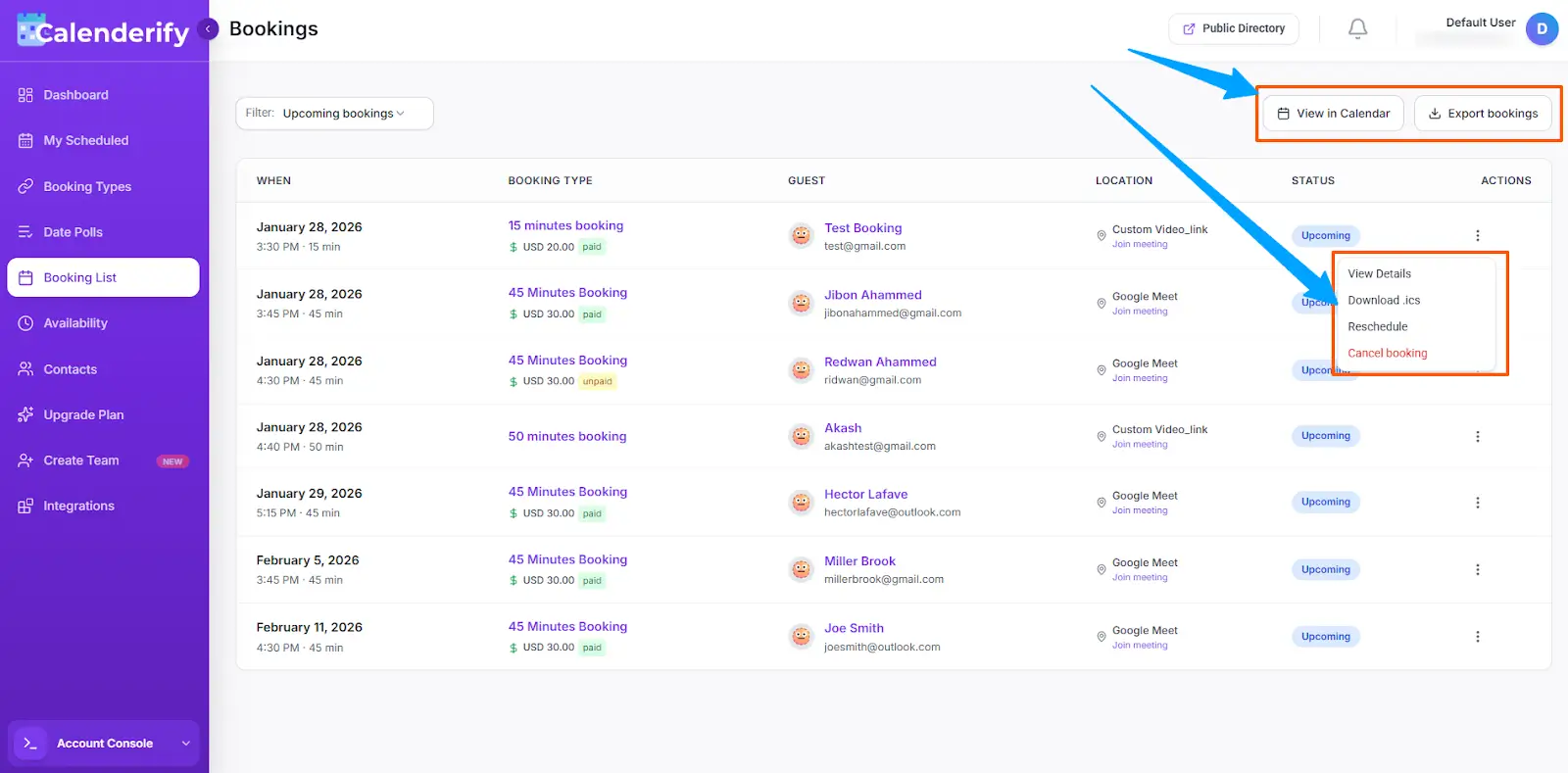 Bookings list result
